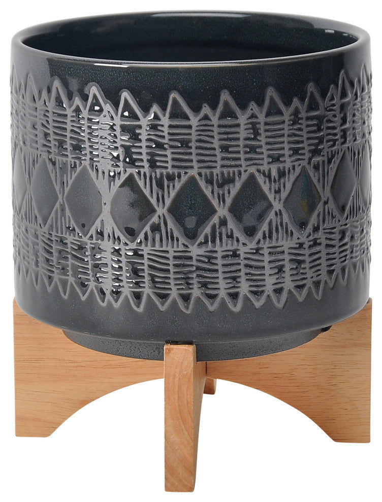 Ceramic 8" Aztec Planter On Wooden Stand, Black