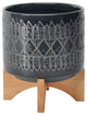 Ceramic 8" Aztec Planter On Wooden Stand, Black