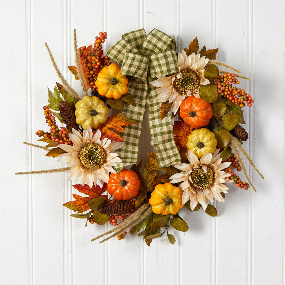 24" Fall Pumpkin, Sunflower Artificial Autumn Wreath With Decorative Ribbon