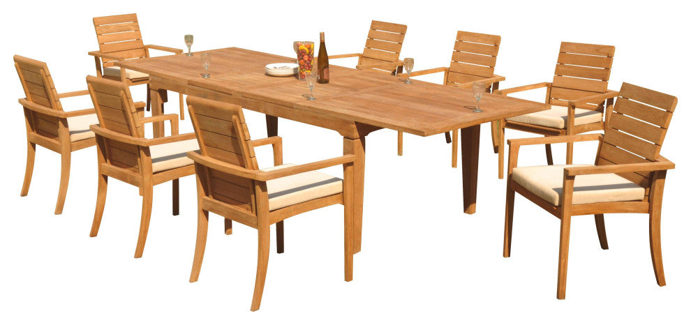 9-Piece Outdoor Teak Dining Set: 122" Rectangle Table 8 Alps Stacking Arm Chairs