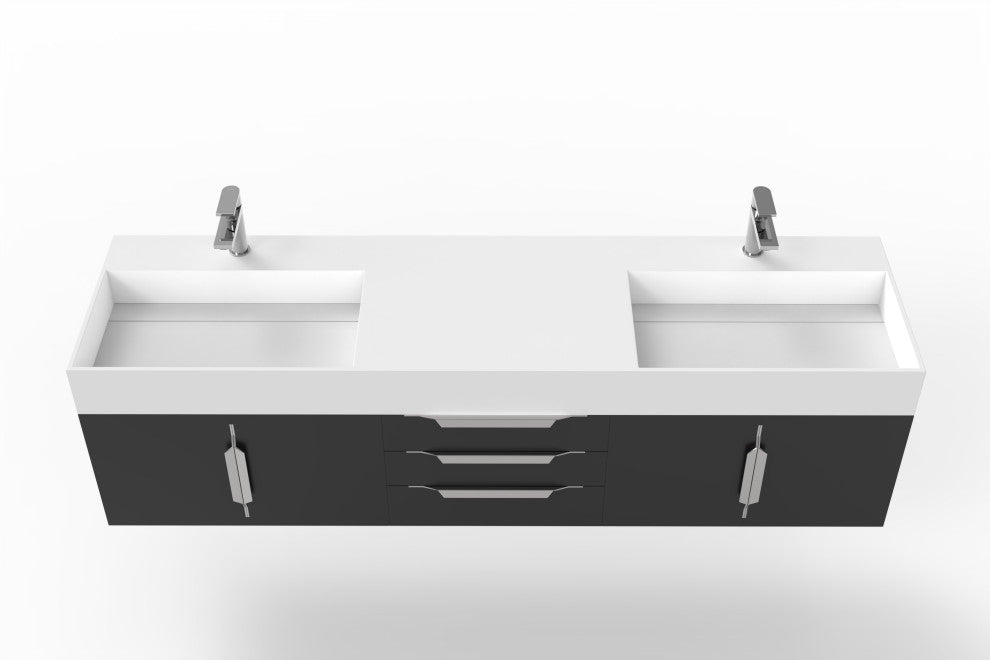 CastelloUSA Amazon 72" Wall Mounted Vanity Set, Black, White Top, Chrome Handles