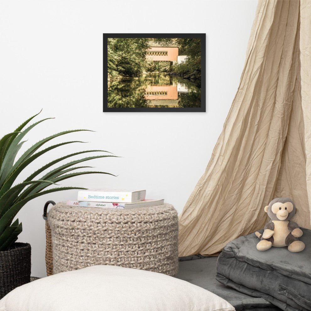 The Reflections of Wooddale Covered Bridge Aged Framed Photo Wall Art Print, Black, 12" X 16"
