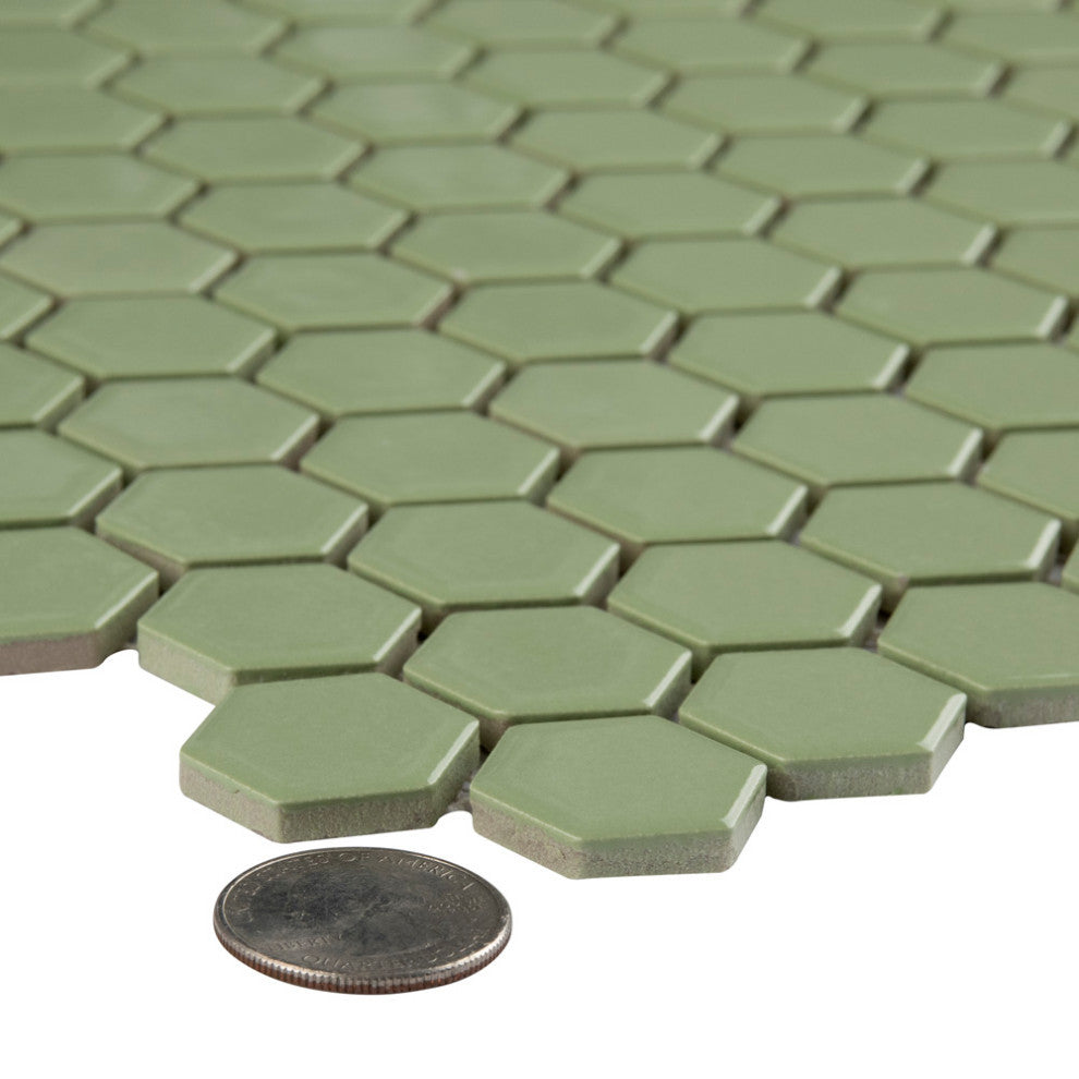 Metro 1" Hex Porcelain Mosaic Floor and Wall Tile, Glossy Olive