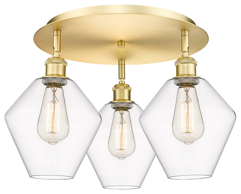 Cindyrella-3 Light 20" Flush Mount-Satin Gold, Clear Glass Shade