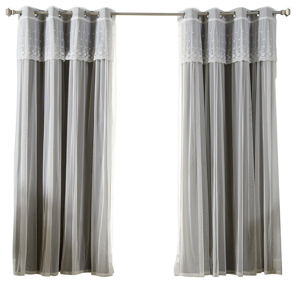 Tulle Sheer With Attached Valance and Solid Blackout Curtains, Black, 84"