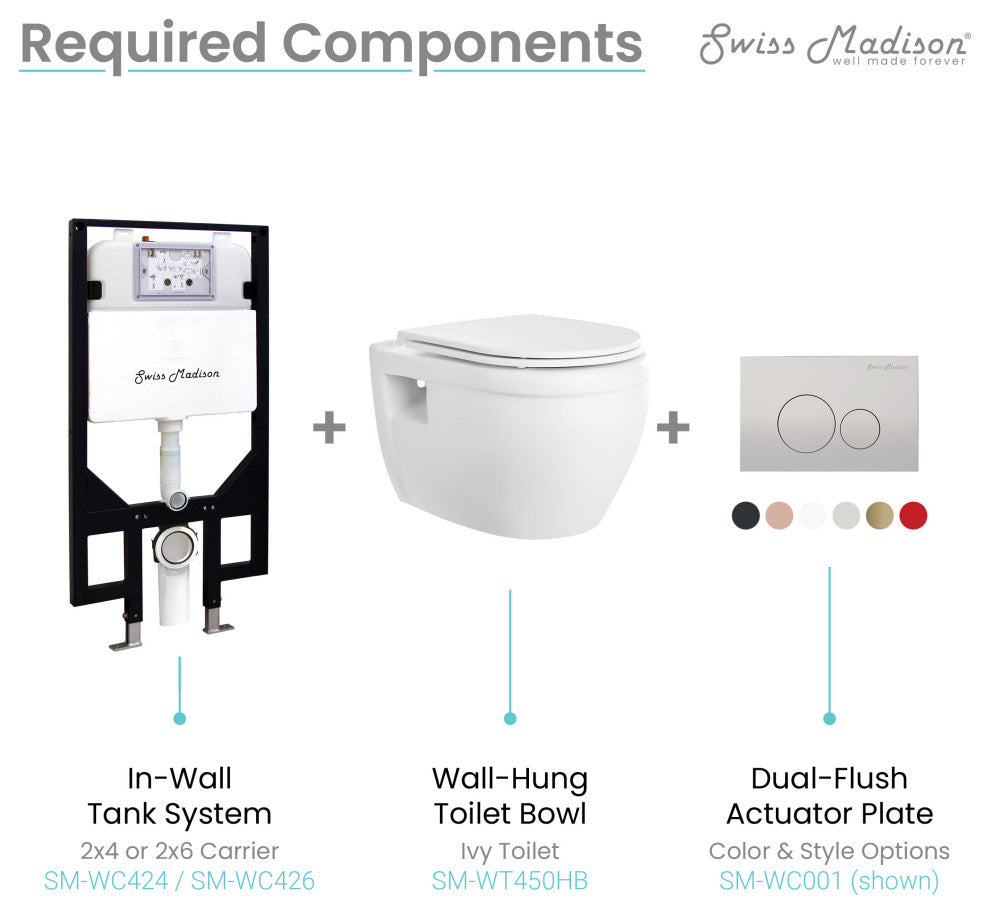 Ivy Wall Hung Elongated Toilet Bowl 0.8/1.28 GPF Dual Flush, Black Hardware
