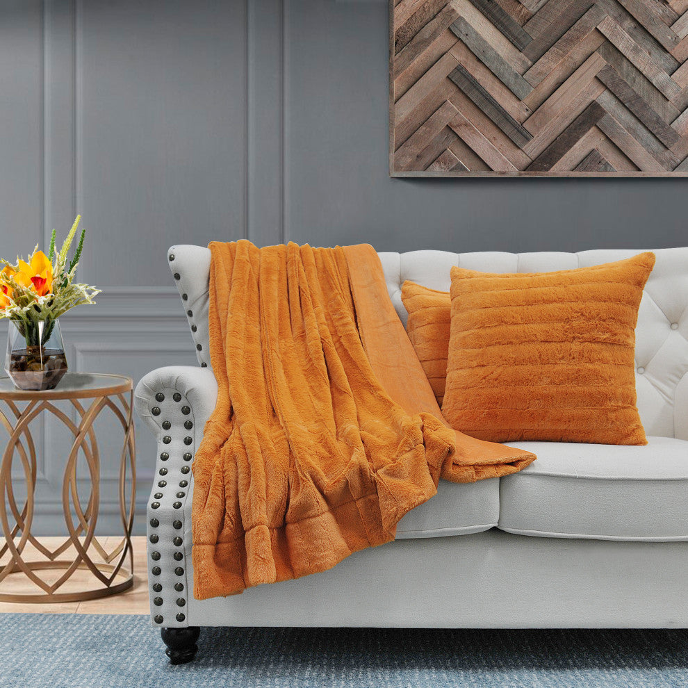 Rabbit Faux Fur Throw Blanket With 2 Pillows, Burnt Orange