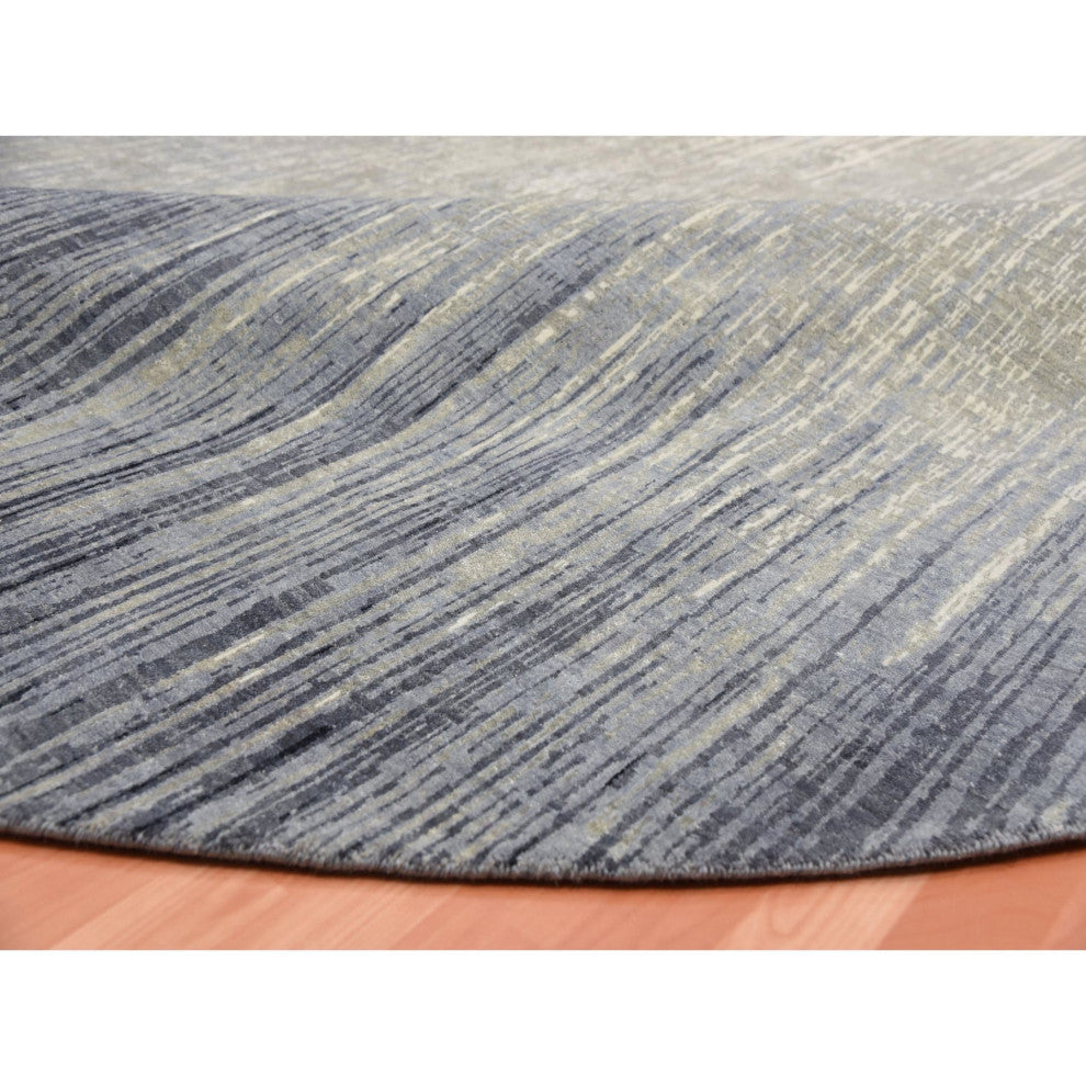 Blue/Gray Hand Knotted Modern Ombre Pure Wool Round Oriental Rug, 12'1"x12'2"