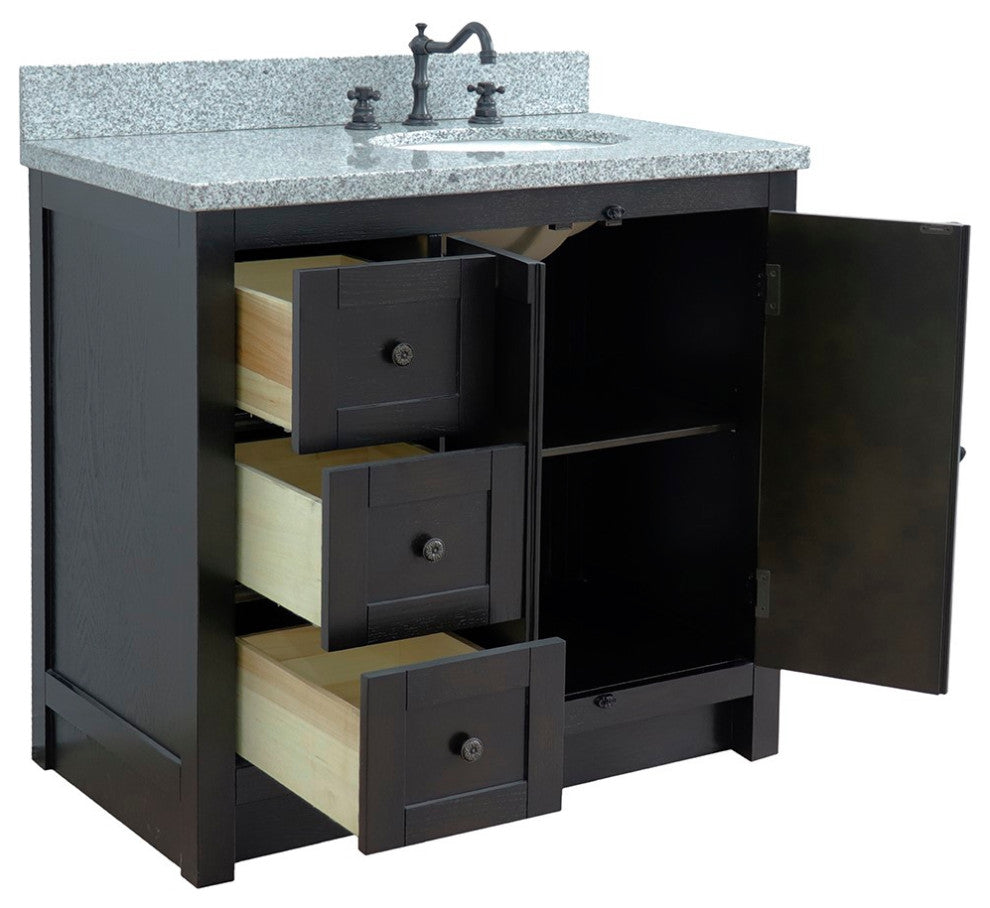 37" Single Vanity, Brown Ash With Gray Granite Top, Right Doors/Right Oval Sink