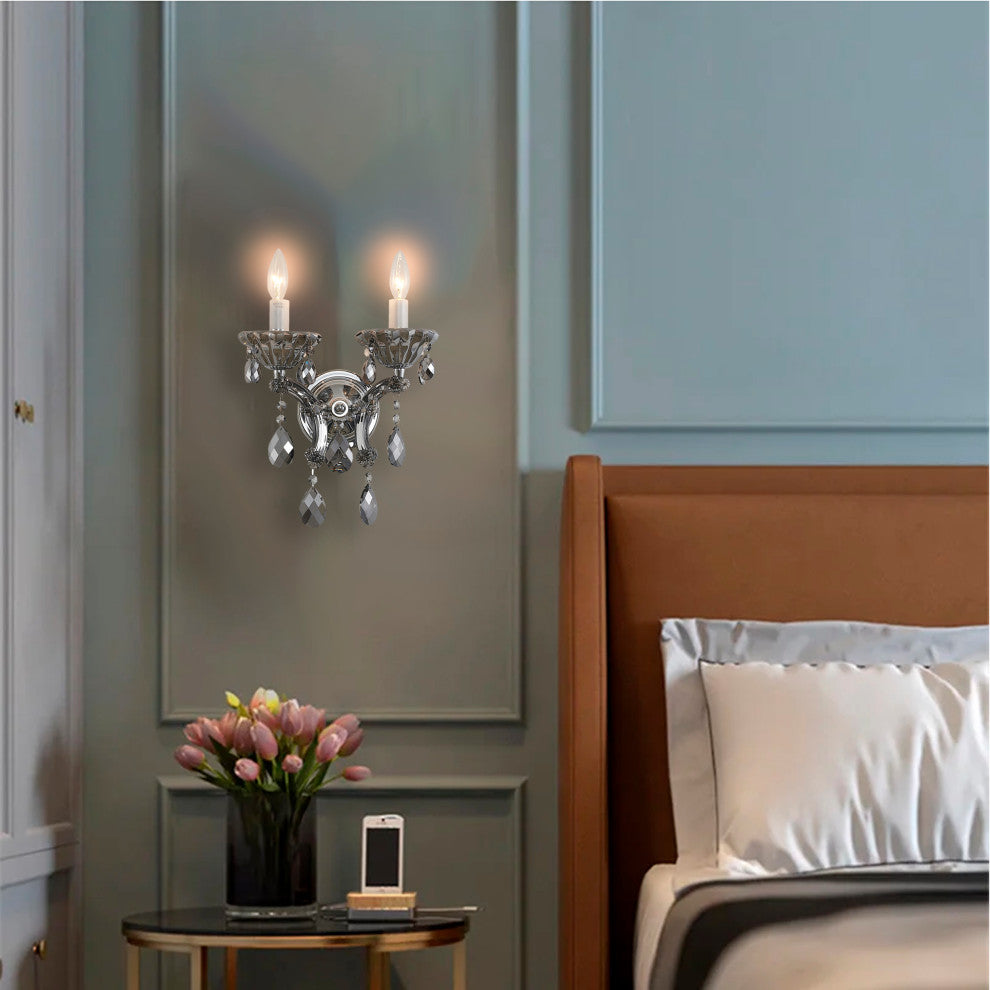 13.8" Chrome Metal Wall Sconce With Clear Crystals, Smoke Crystal