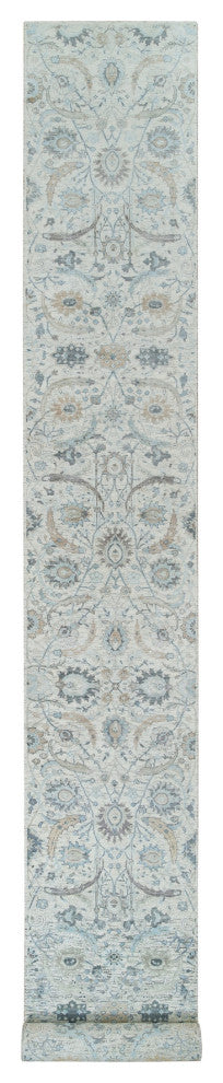 Ivory Sickle Leaf Design Silk With Wool Hand Knotted XL Runner Rug, 2'6"x20'0"