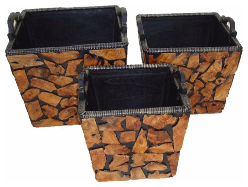 Set Of Three Wooden Planter, Brown And Black