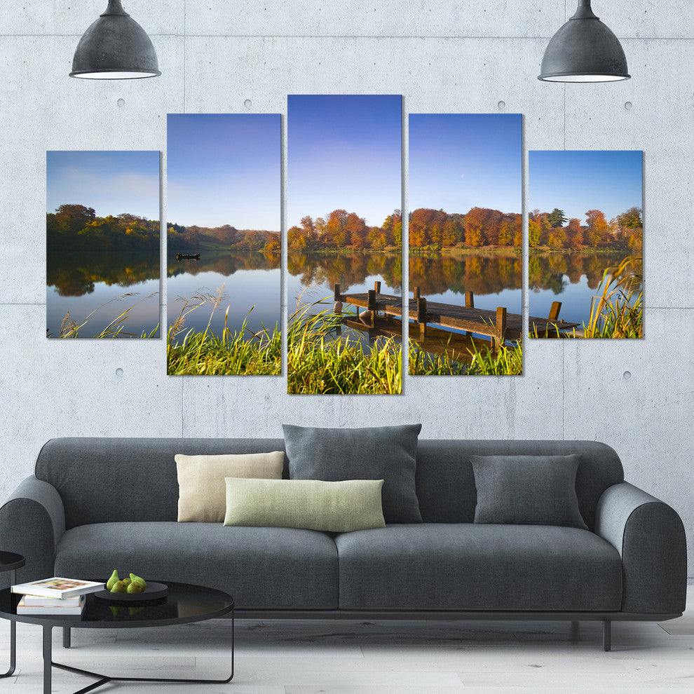 Still Waters of Fall Lake, Landscape Canvas Art Print, 60"x32", 5 Panels