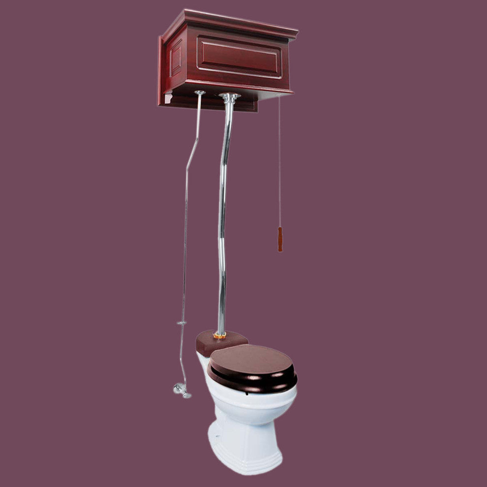 High Tank Toilets White Raised Panel Cherry Finish Round Z-Pipe, White, Silver, Cherry