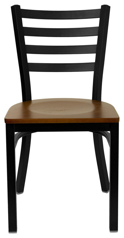 Black Ladder Back Metal Restaurant Chair, Cherry Wood Seat