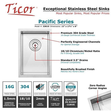 12" Zero Radius Undermount 16-Gauge Stainless Steel Kitchen and Bar Sink, Sink W