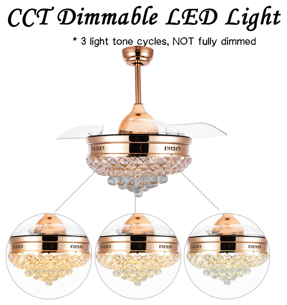 42" LED Retractable Ceiling Fan With Light Kit and Remote Control Included, Gold
