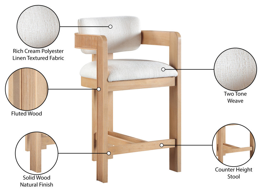Sacha Upholstered Bar and Counter Stool, Cream, Linen Textured Fabric, Natural