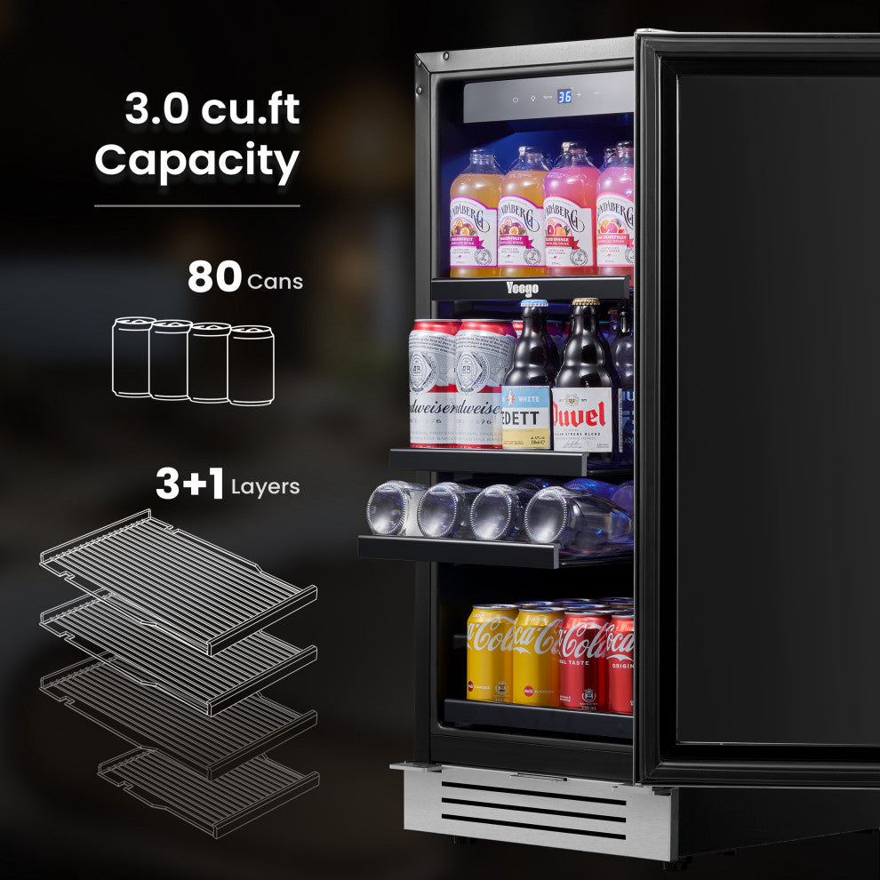Yeego 15" Beverage Refrigerators Cooler Built- in or Freestanding Mini Fridge