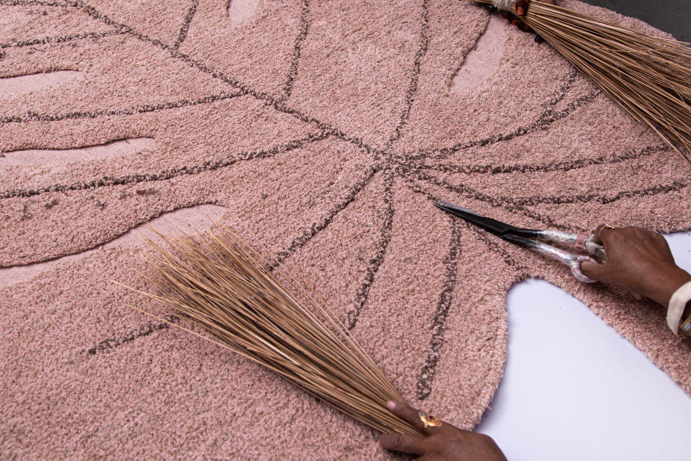 Monstera Leaf Machine Washable Kids Rug, Vintage Nude/Olive
