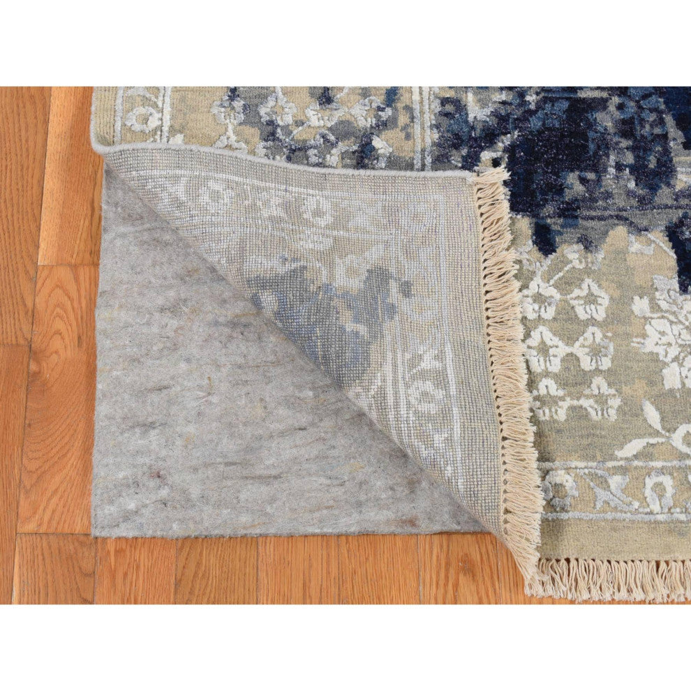Blue Wool and Silk Japanese Shibori Design Hand Knotted Rug 6' x 8'10"