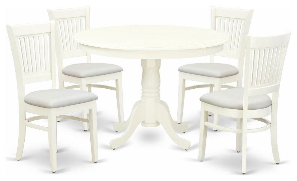 5Pc Dining Set 4 Chairs, Kitchen Table Seat, Slatted Chair Back Linen White