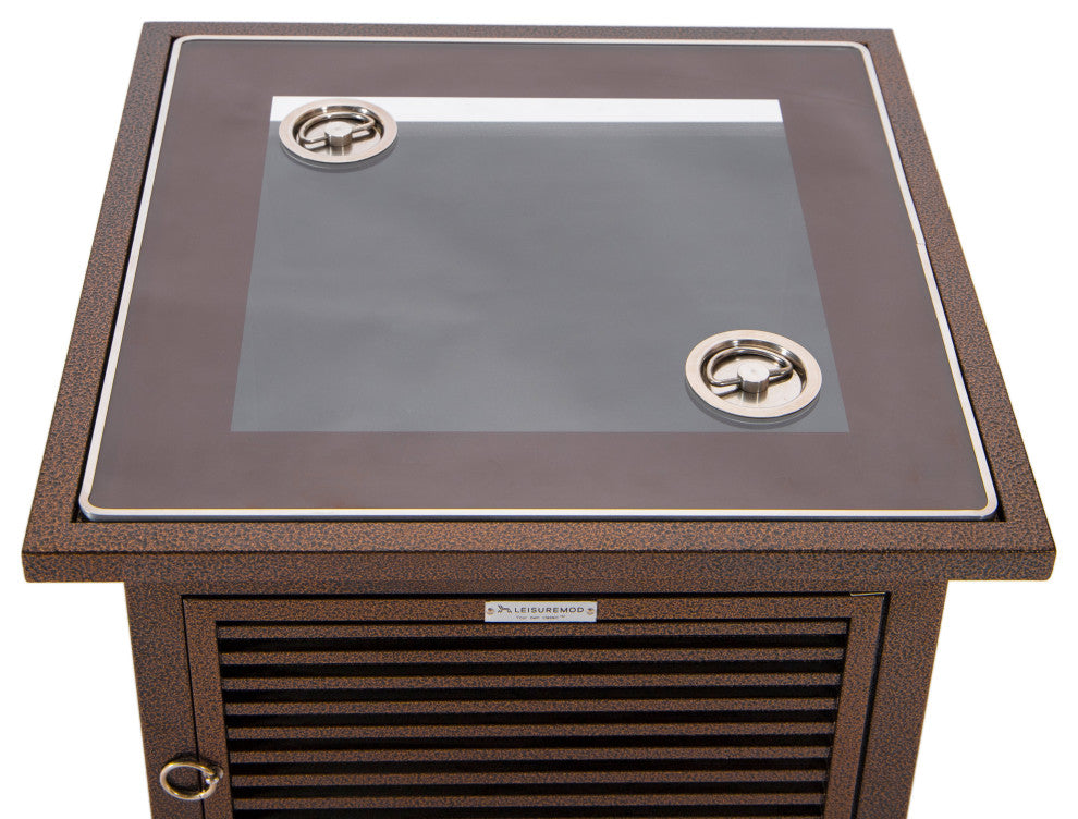 LeisureMod Walbrooke Square Fire Pit Table and Tank Holder With Slats, Brown