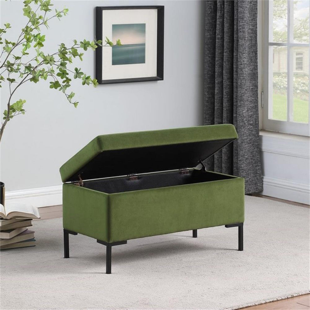 HomePop 17.5" Medium Modern Velvet Fabric Storage Bench with Metal Legs in Green