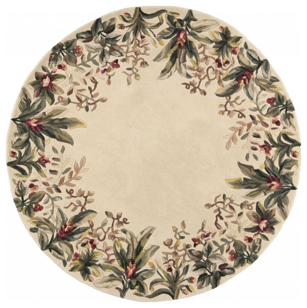 HomeRoots 6' Ivory Hand Tufted Bordered Tropical Plants Round Indoor Area Rug