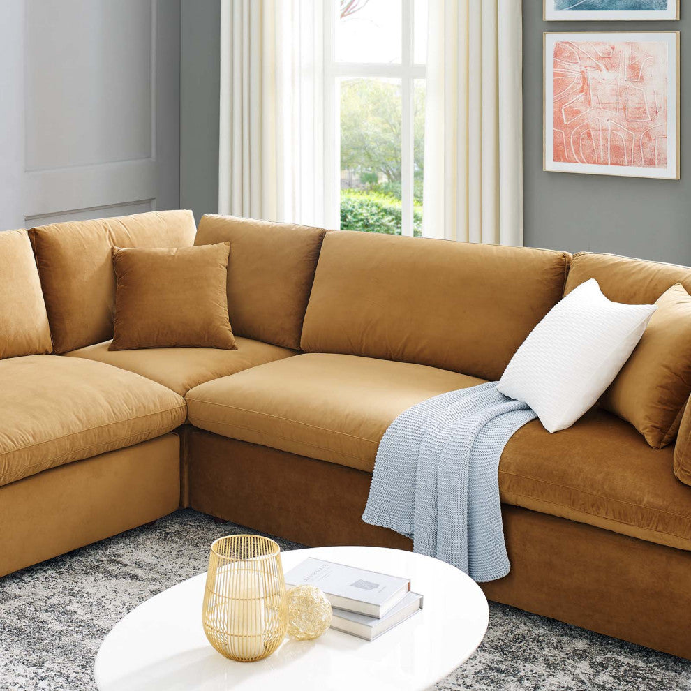 Sectional Sofa Set, Velvet, Brown, Modern, Living Lounge Hotel Lobby Hospitality