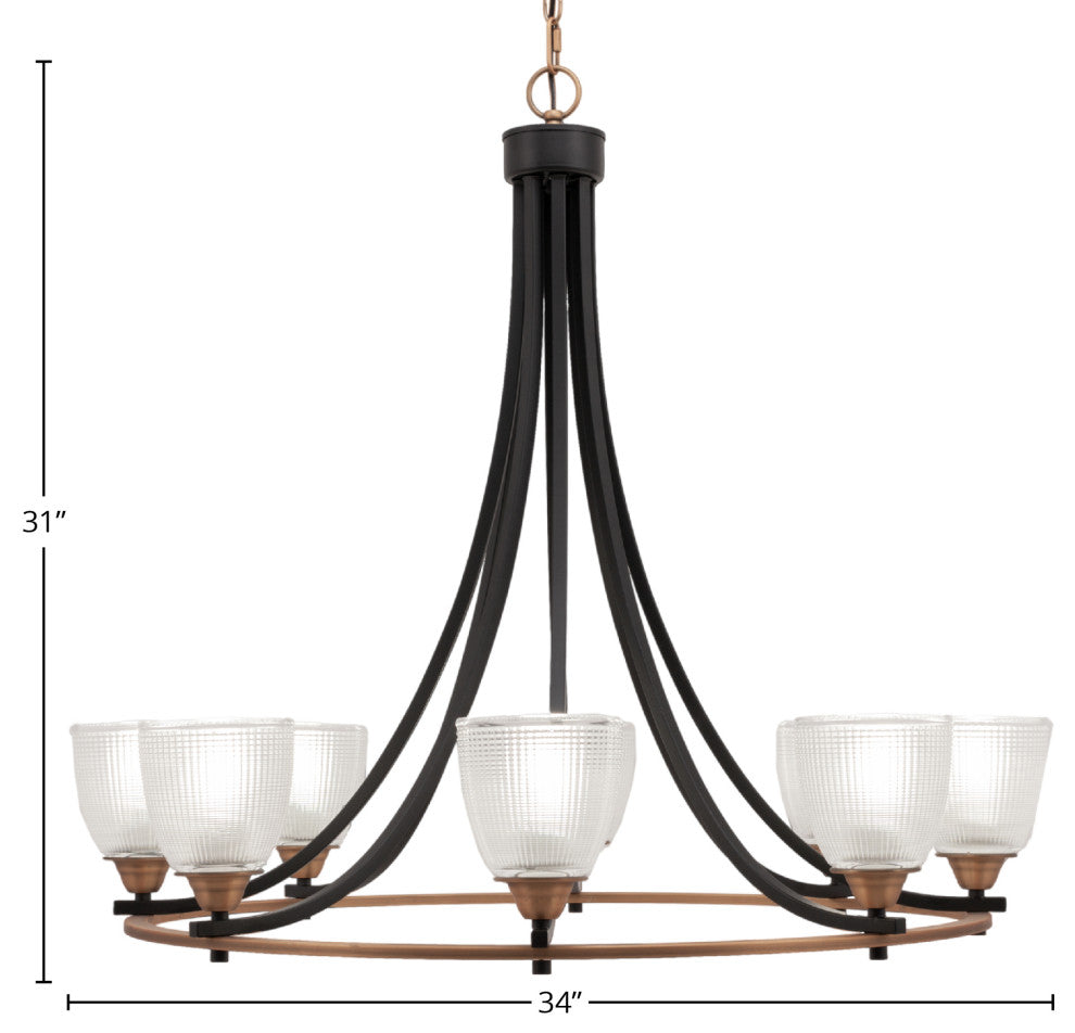 Paramount 8-Light Chandelier, Matte Black & Brass, 5" Clear Ribbed Glass