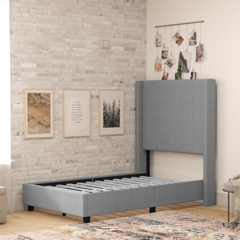 Quinn Upholstered Platform Bed with Channel Stitched Wingback Headboard, Gray, Twin