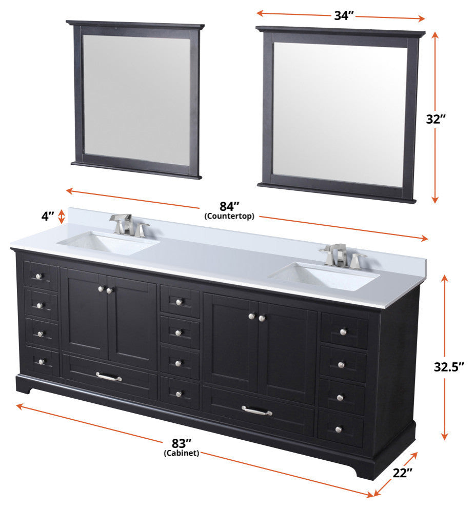 Dukes 84" Espresso Double Square Sink Vanity with Quartz Top, With Mirror and Fa