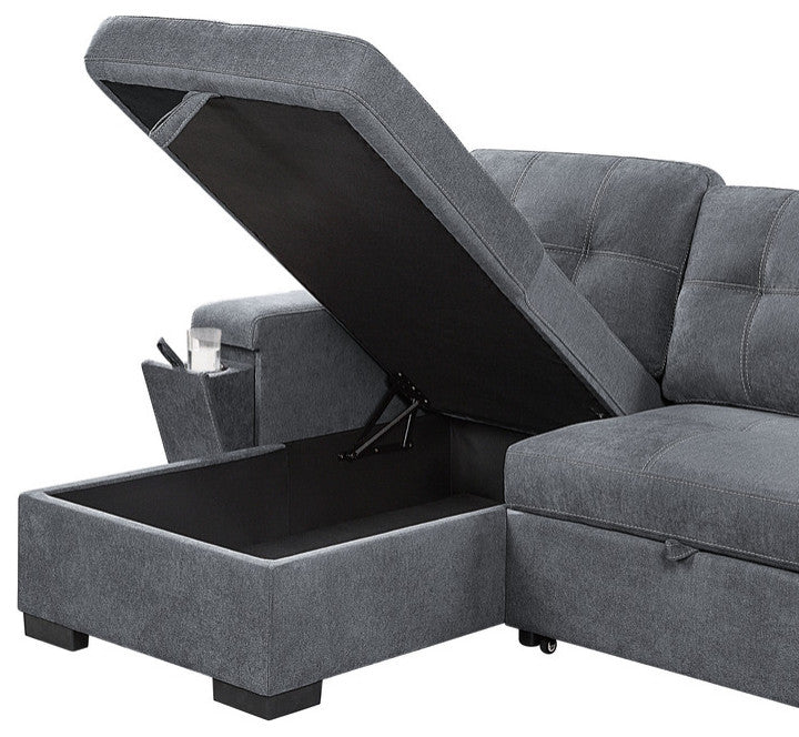 Toby Woven Fabric Reversible Sleeper Sectional With Storage, Cupholder, Gray