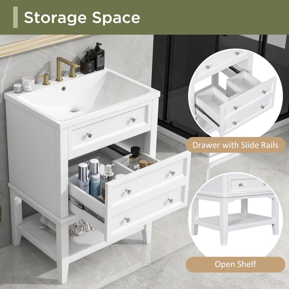 24" MDF Freestanding Bath Vanity Set, White Integrated Ceramic Sink