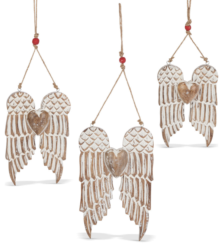 Set of 3 Hanging Mango Wood Angel Wings