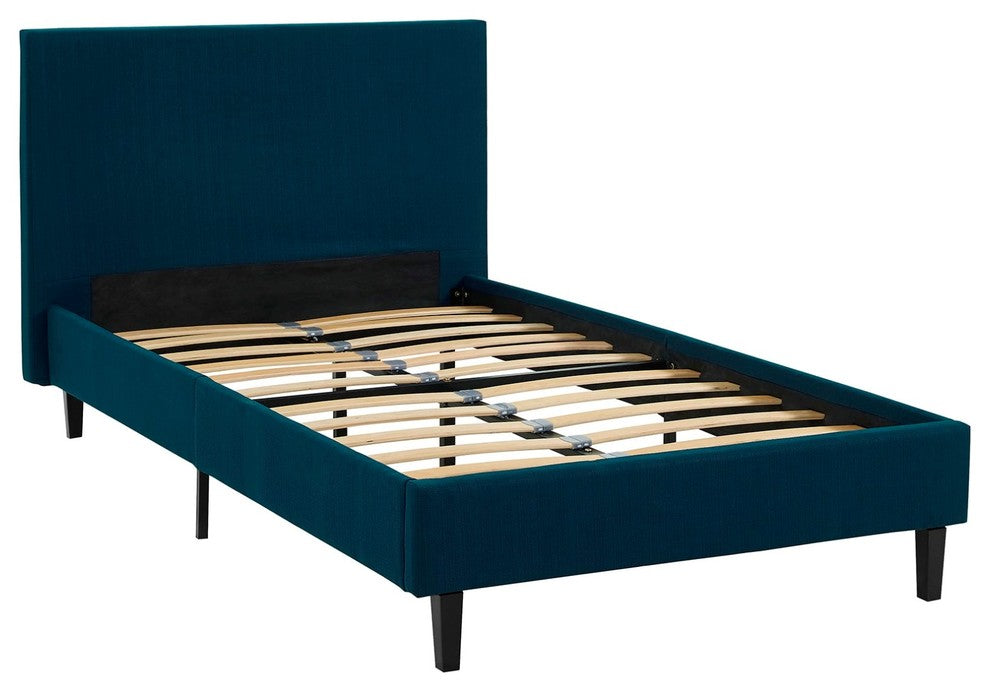 Modern Contemporary Urban Twin Size Platform Bed Frame, Navy Blue, Fabric Wood