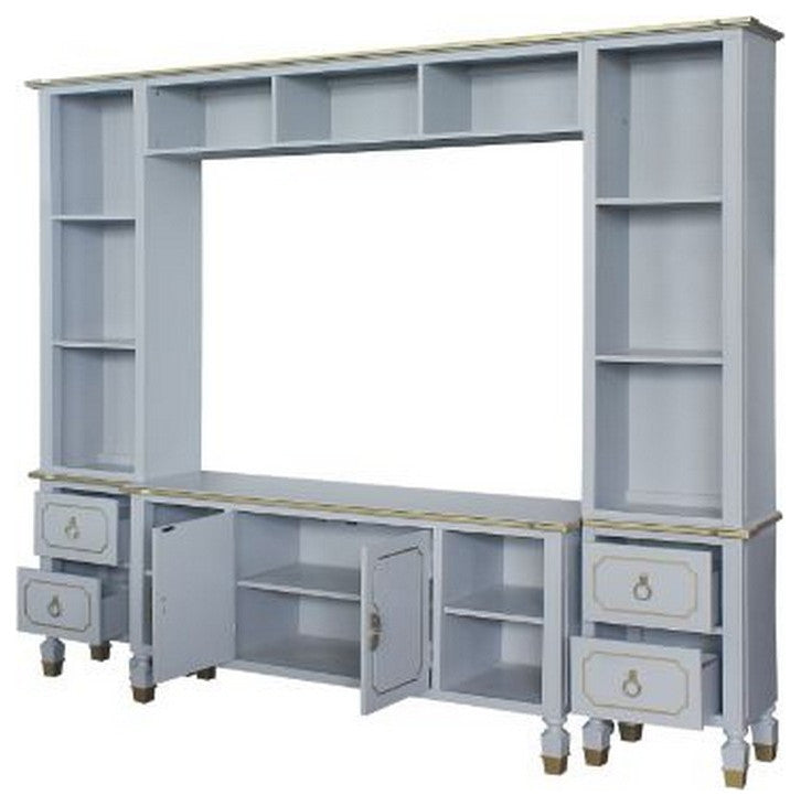 Benzara BM261955 Entertainment Center With Golden Trim Accent/4 Drawers, Gray