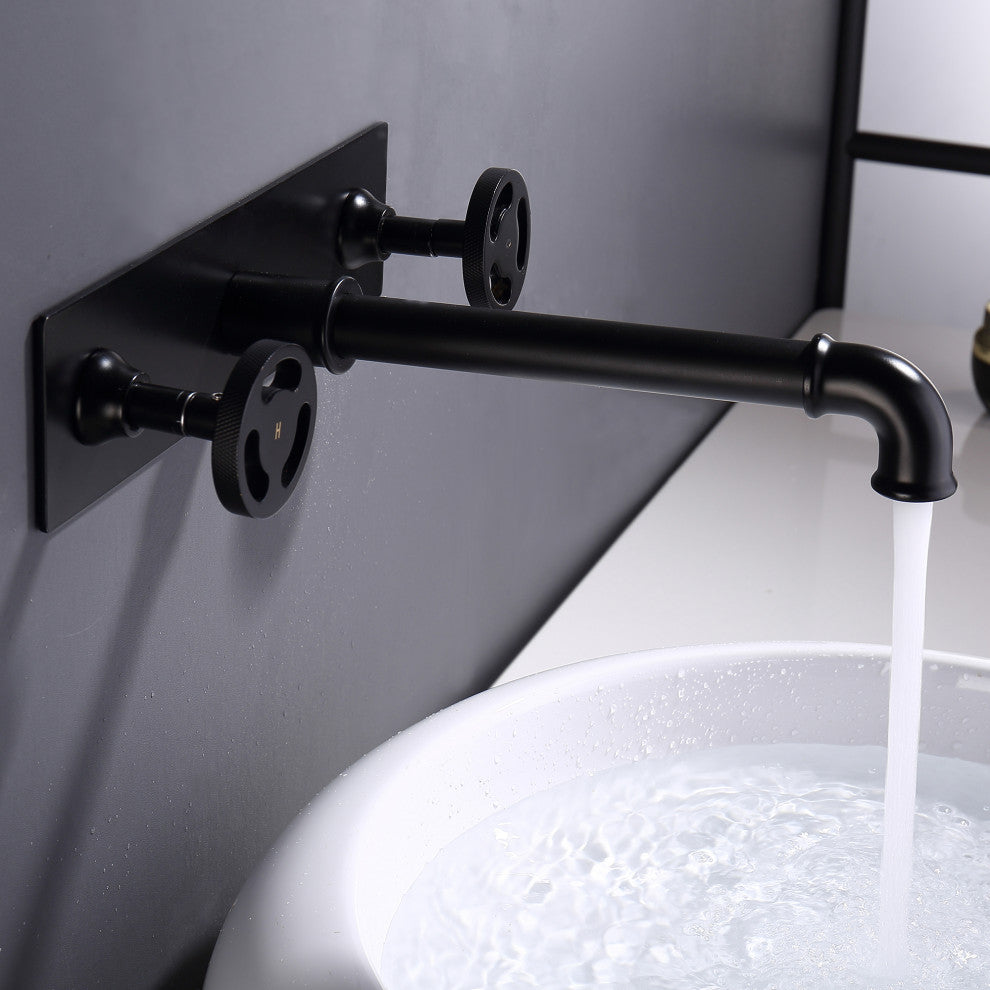 Industrial Chic Wall Mounted Bathroom Sink Faucet, Matte Black