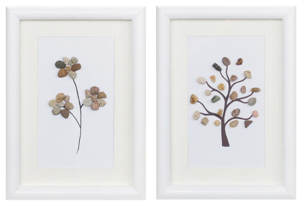 Framed Tree and Floral Pebble Art, 2-Piece Set