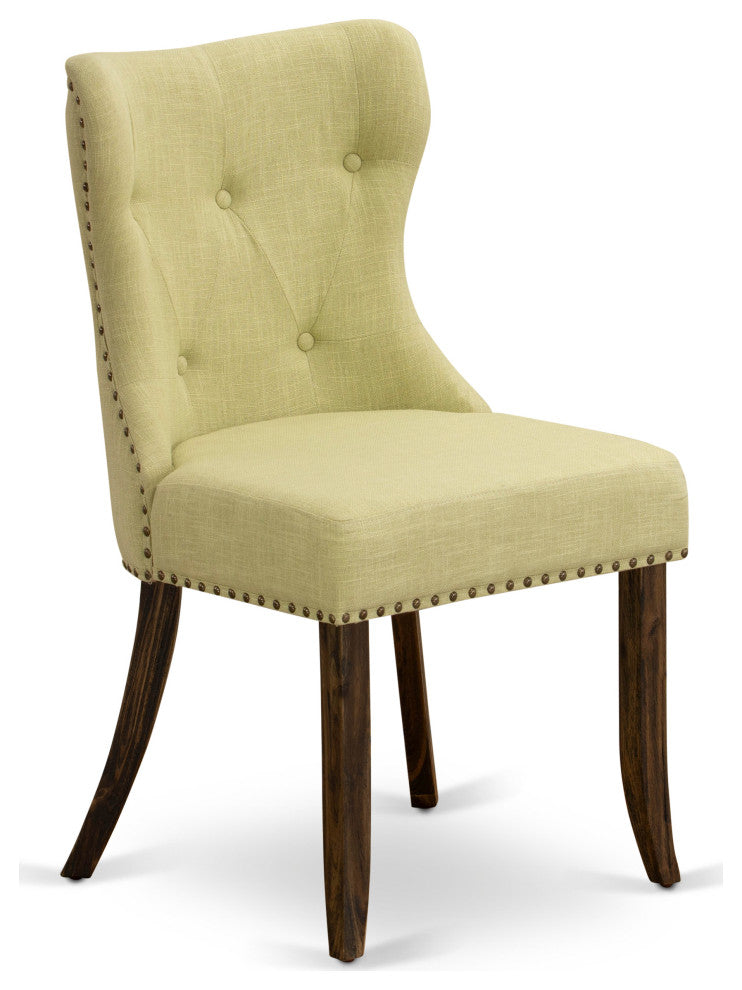 Set Of 2, Upholstered Chair, Distressed Jacobean Wooden Structure, Limelight