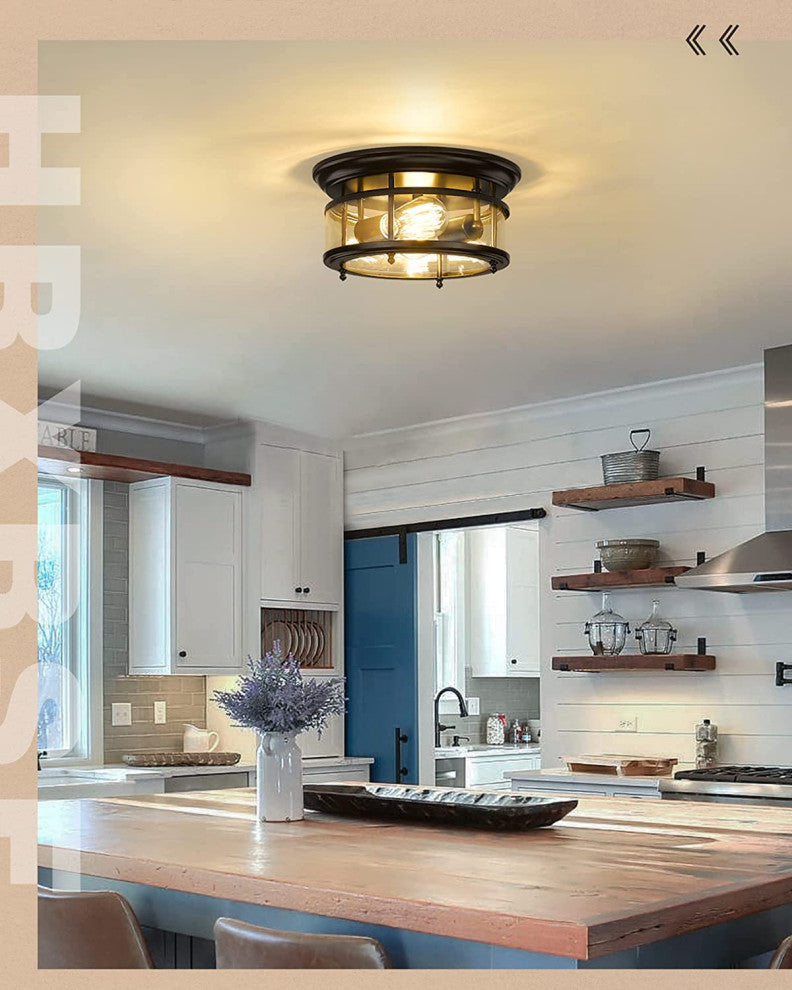 Industrial Ceiling Light Fixture 2 Light, Black, Glass, Flush Mount Ceiling Lamp
