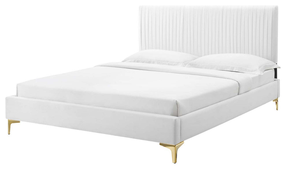 Platform Bed Frame, King Size, Velvet, White, Modern Contemporary, Bedroom