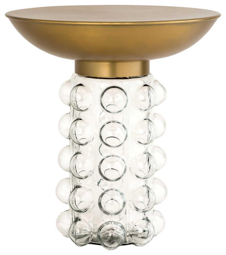 Glass Side Table, Brass Gold End Table, Modern Eclectic Accent Table, Round Top