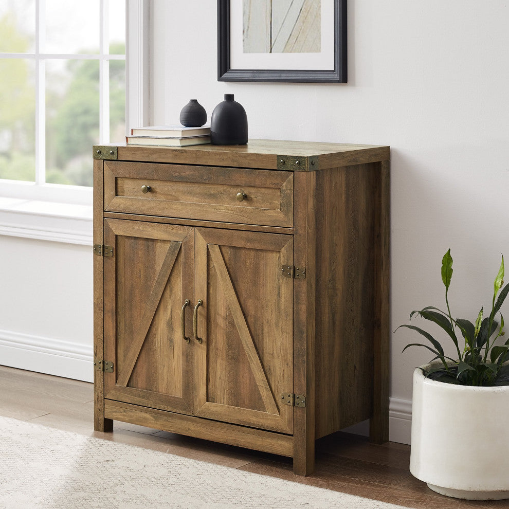 Farmhouse Storage Cabinet, 2 Barn Doors & Large Drawer With Metal Knobs, Brown