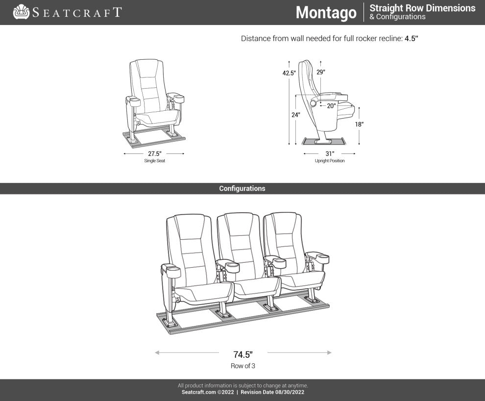 Seatcraft Montago Movie Theater Seating, Black, Row of 3
