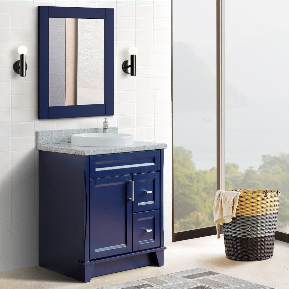 31" Single Sink Vanity, Blue Finish With Gray Granite With Round Sink