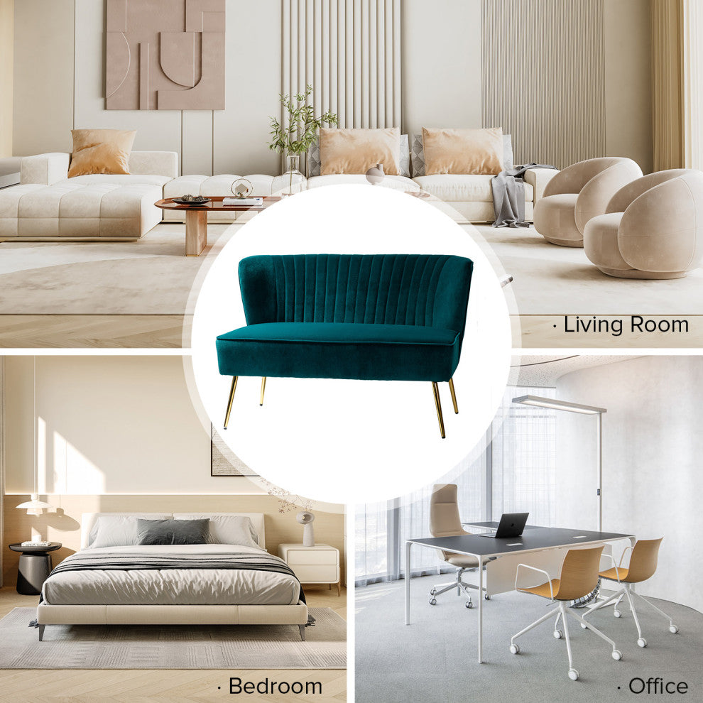 Velvet Tufted Loveseat Sofa With Golden Base, Teal