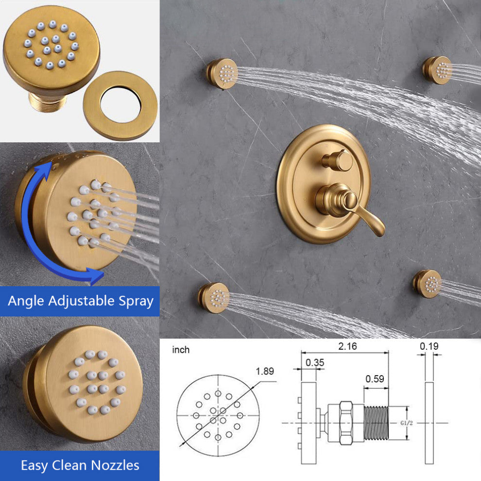Antique Shower System with 4 Body Jets and Shower Valve, Brushed Gold