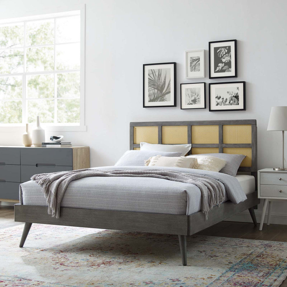 Platform Bed Frame, Full Size, Wood, Gray, Modern Mid-Century, Bedroom
